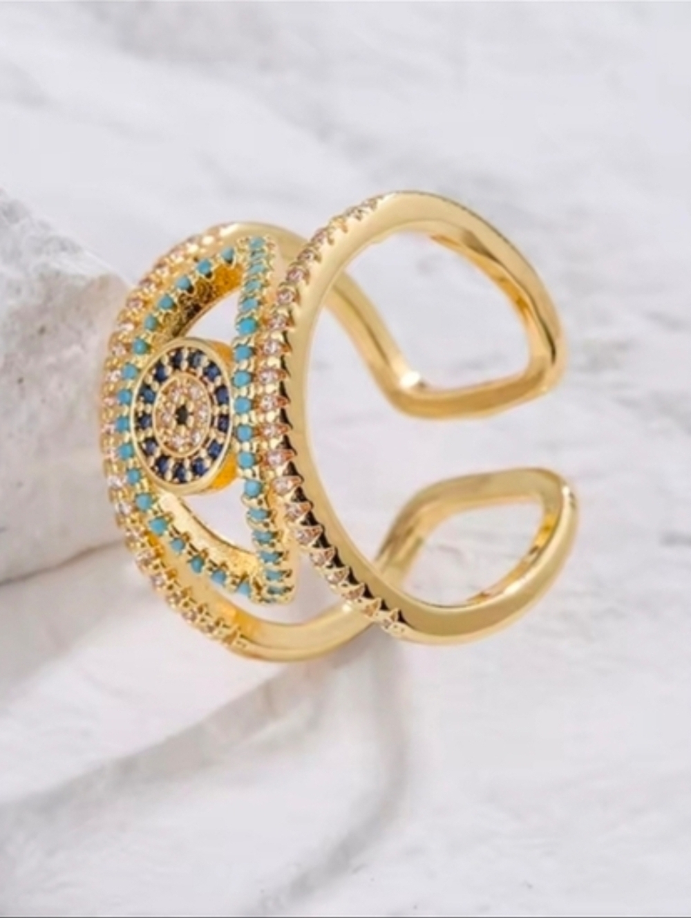 Gold-Tone Turquoise & Royal Blue Pavé Eye Open Ring - Picture 3 of 3